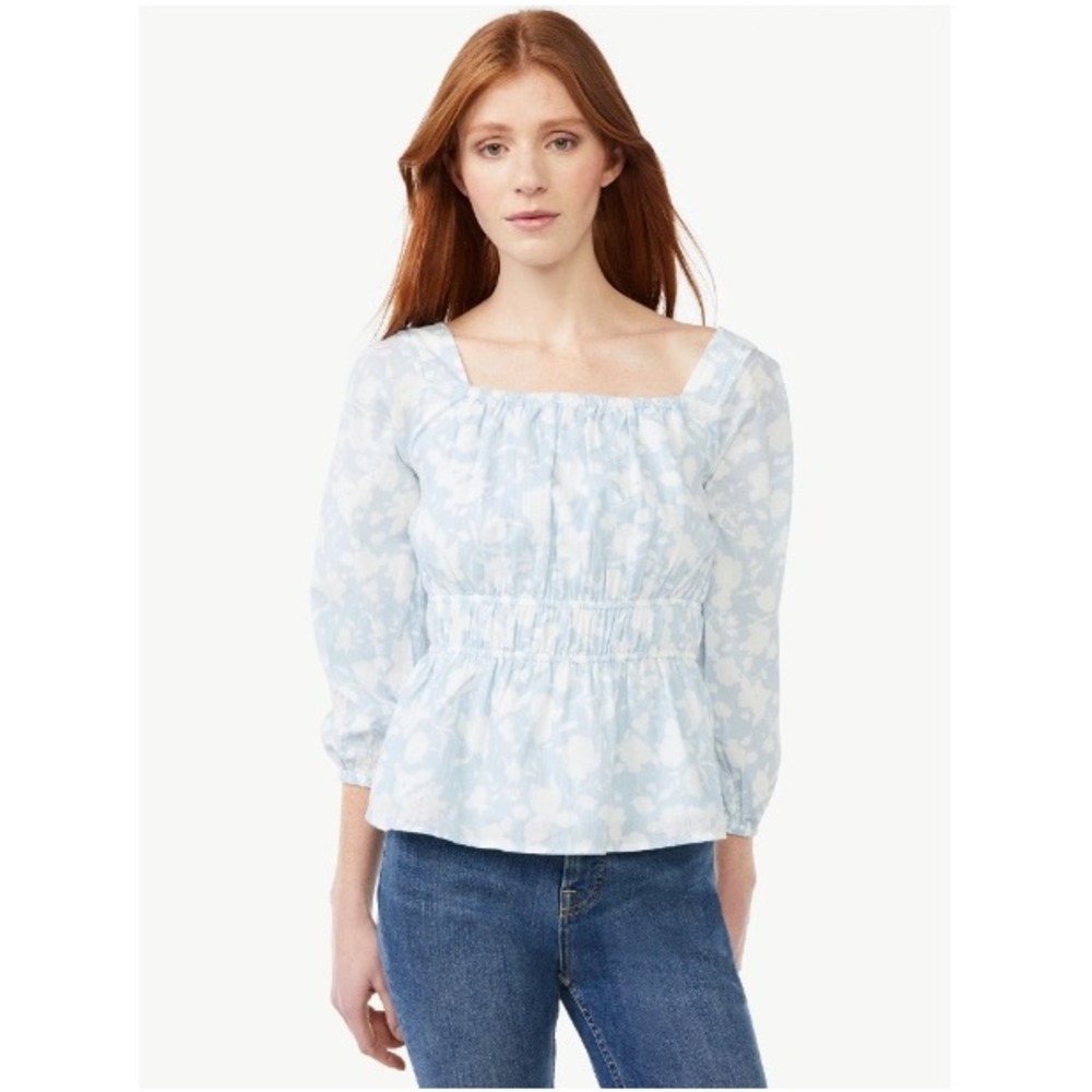 Free Assembly Floral Peplum Top Square Neck Smocked Waist Blue White Small